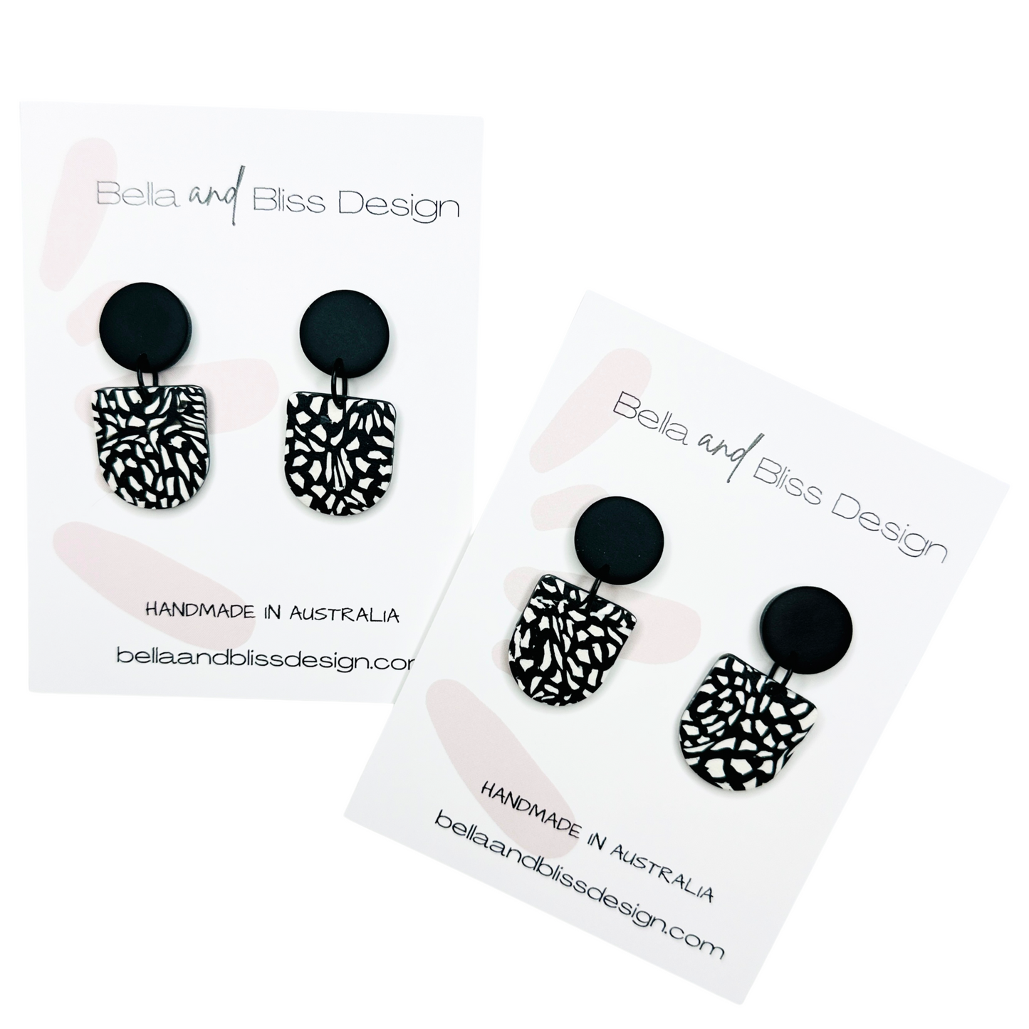 Black and white patterned earrings on Bella and Bliss Design cards.