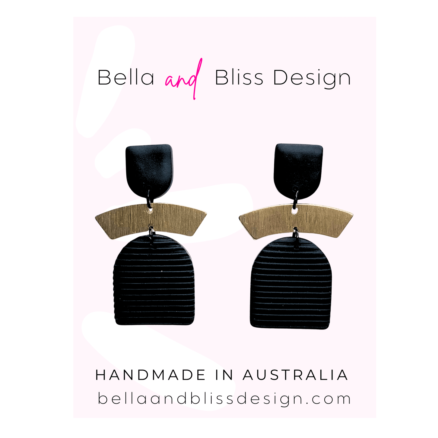 Black and gold earrings with 'Bella and Bliss Design' branding on a light pink background.