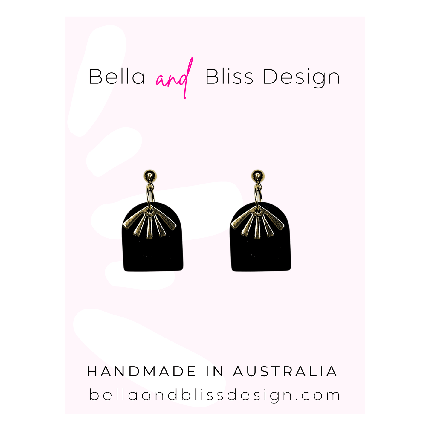 Black and gold earrings on a light pink background with Bella and Bliss Design branding.