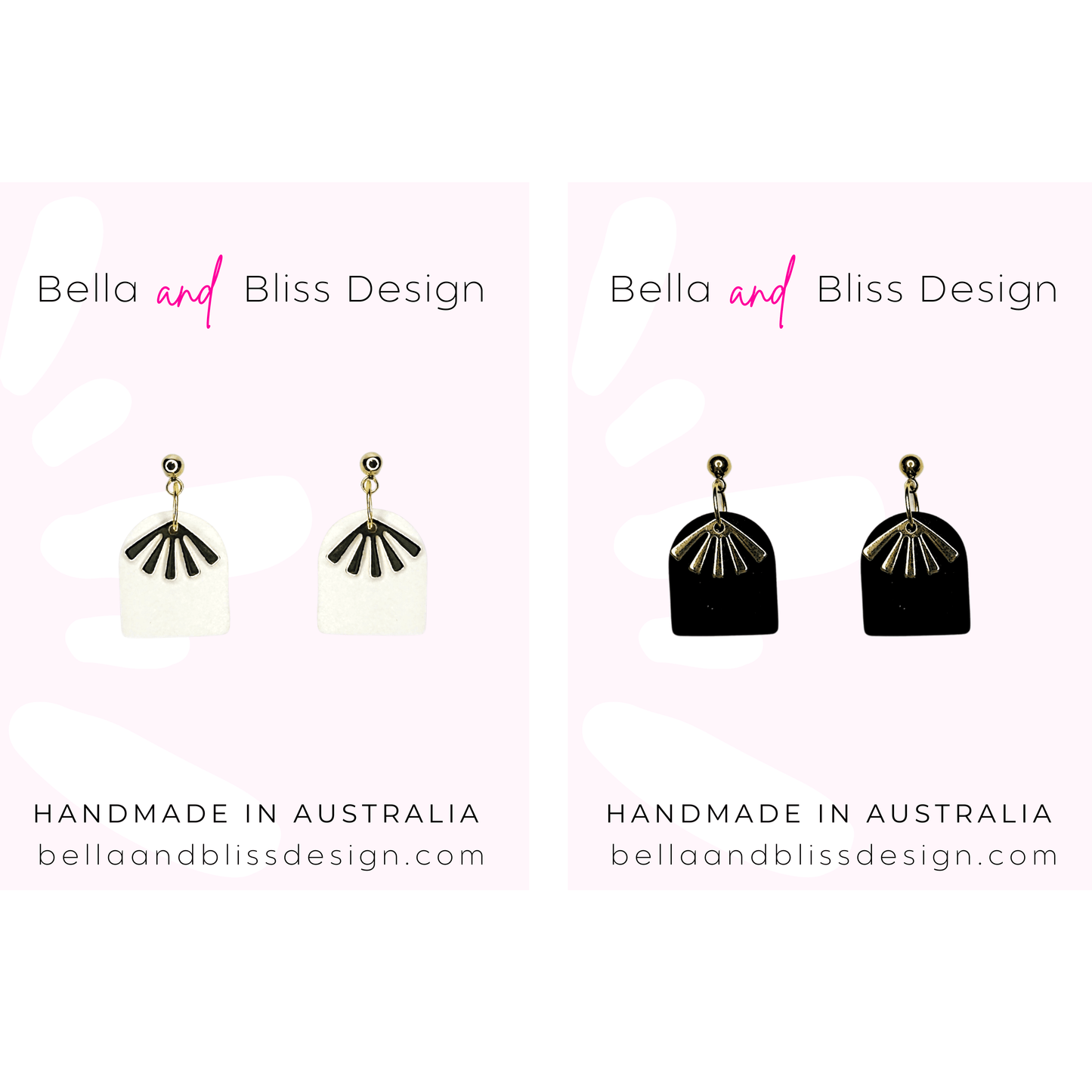 Pair of earrings with 'Bella and Bliss Design' branding on a white background.