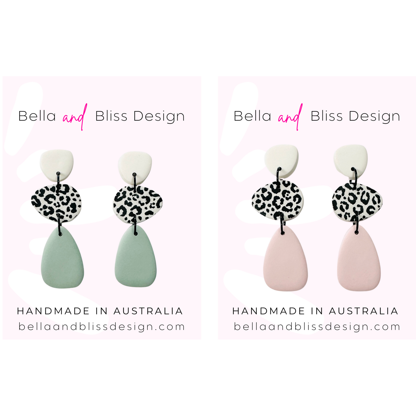 Pair of earrings with leopard print details on a white background, branded as Bella and Bliss Design.