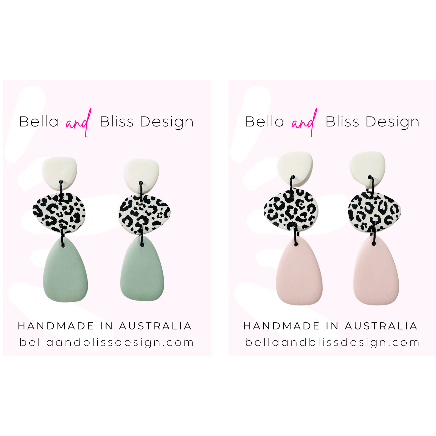 Pair of earrings with leopard print details on a white background, branded as Bella and Bliss Design.