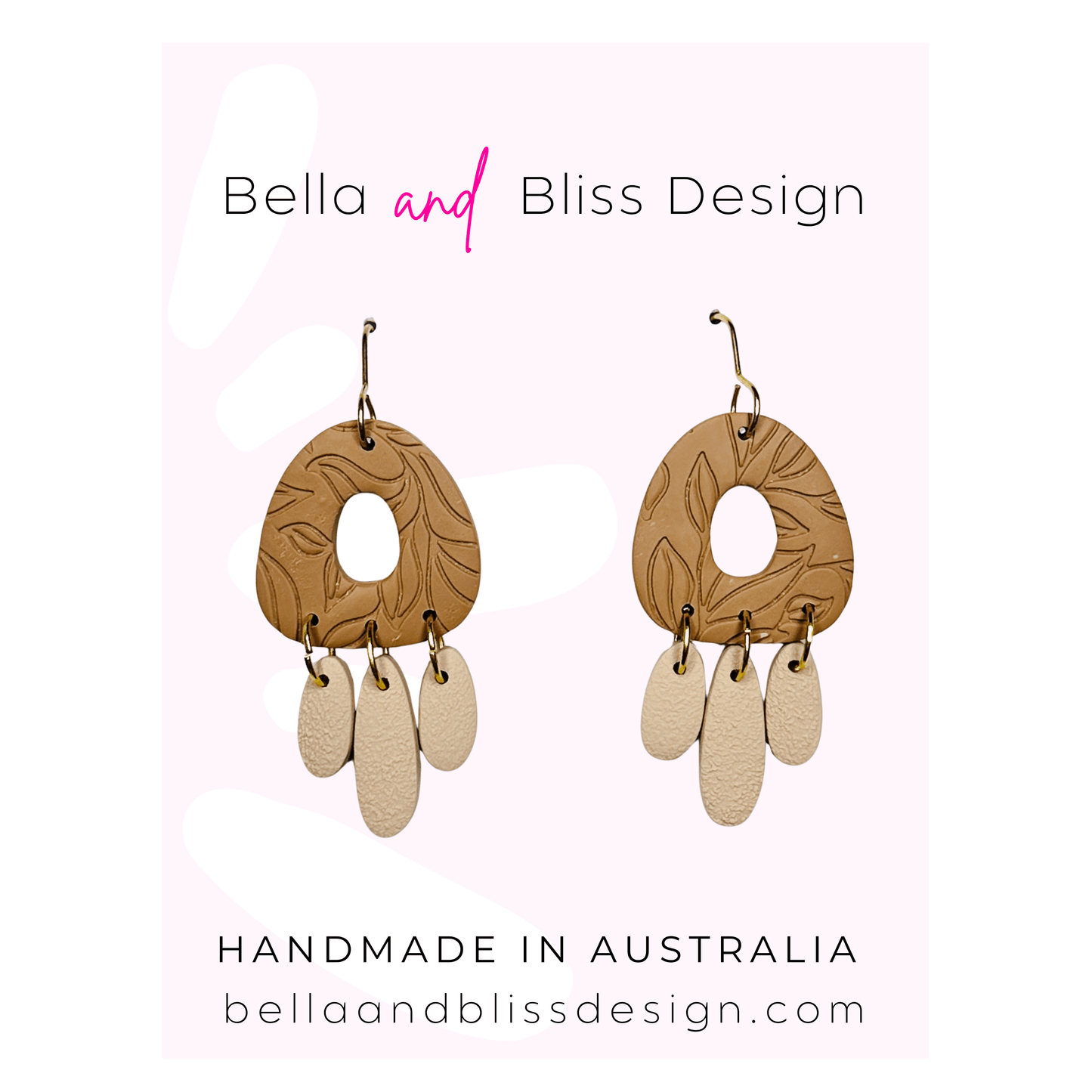 Polymer clay earrings with leaf patterns on a pink background with Bella and Bliss Design branding.