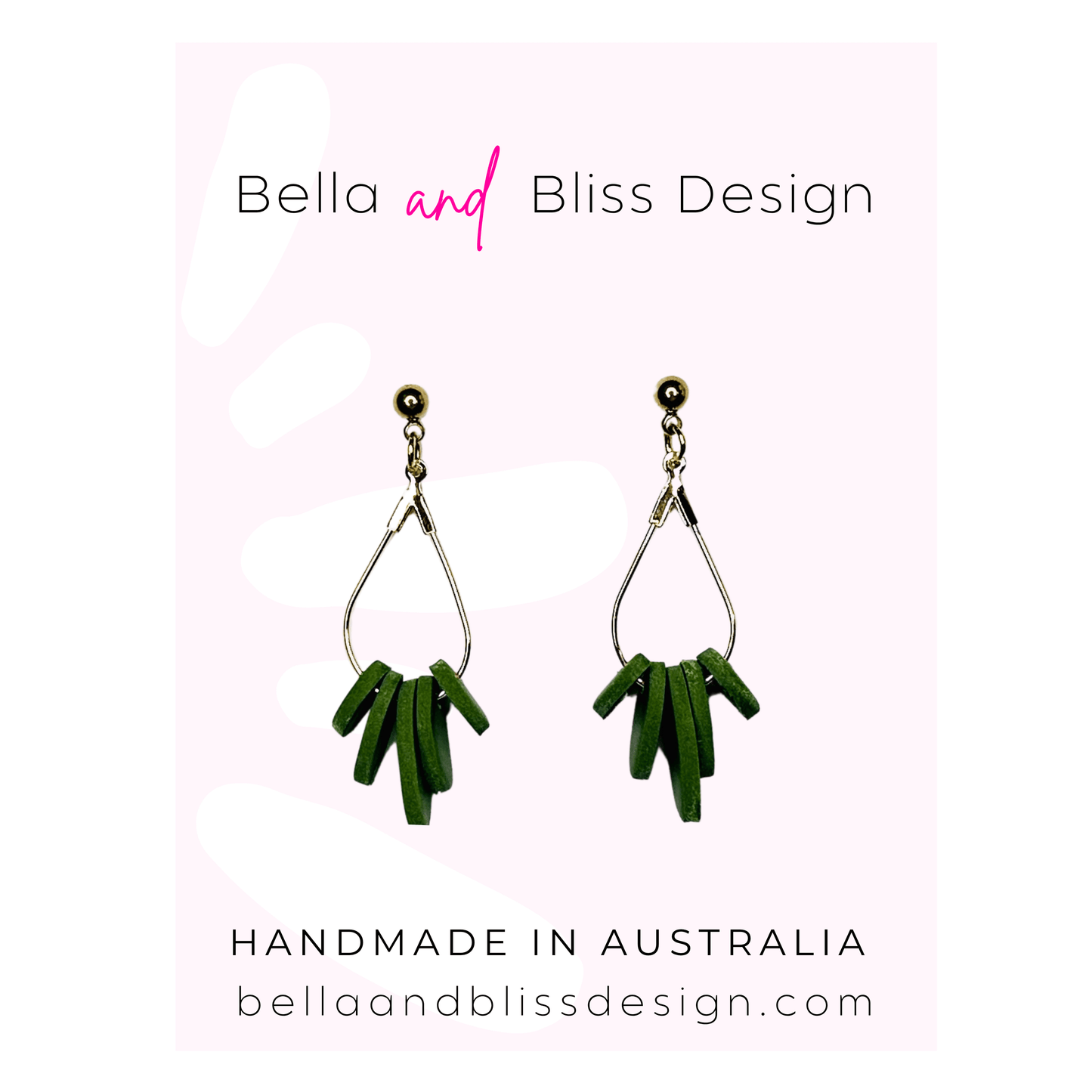 Khaki teardrop earrings with Bella and Bliss Design branding on a light pink background.