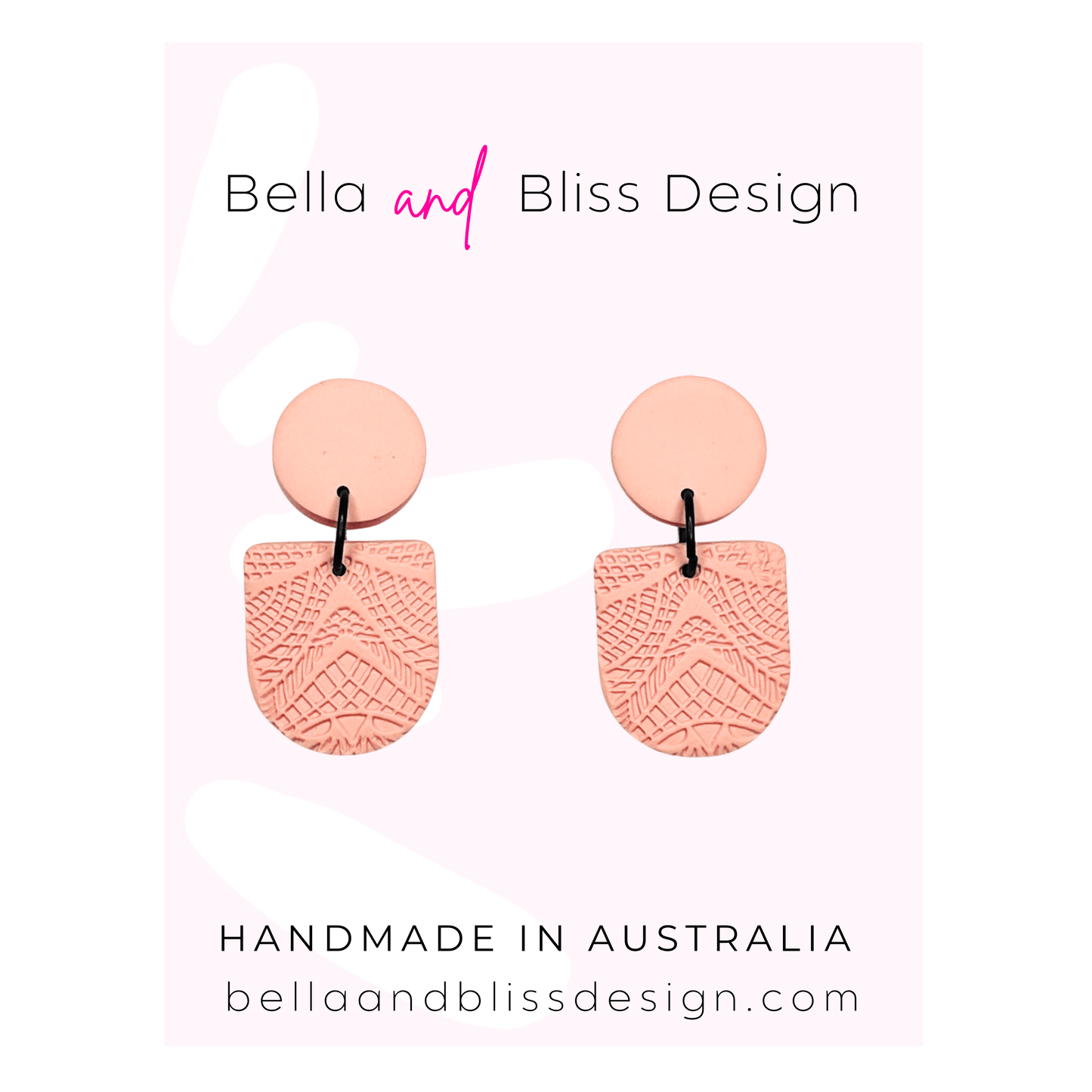 Pair of pink earrings on a card with 'Bella and Bliss Design' branding.