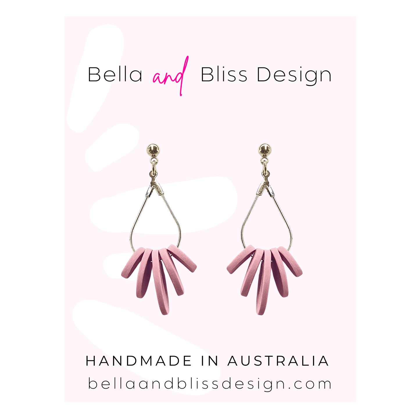 Pink earrings with gold hooks on a light pink background, featuring 'Bella and Bliss Design'.