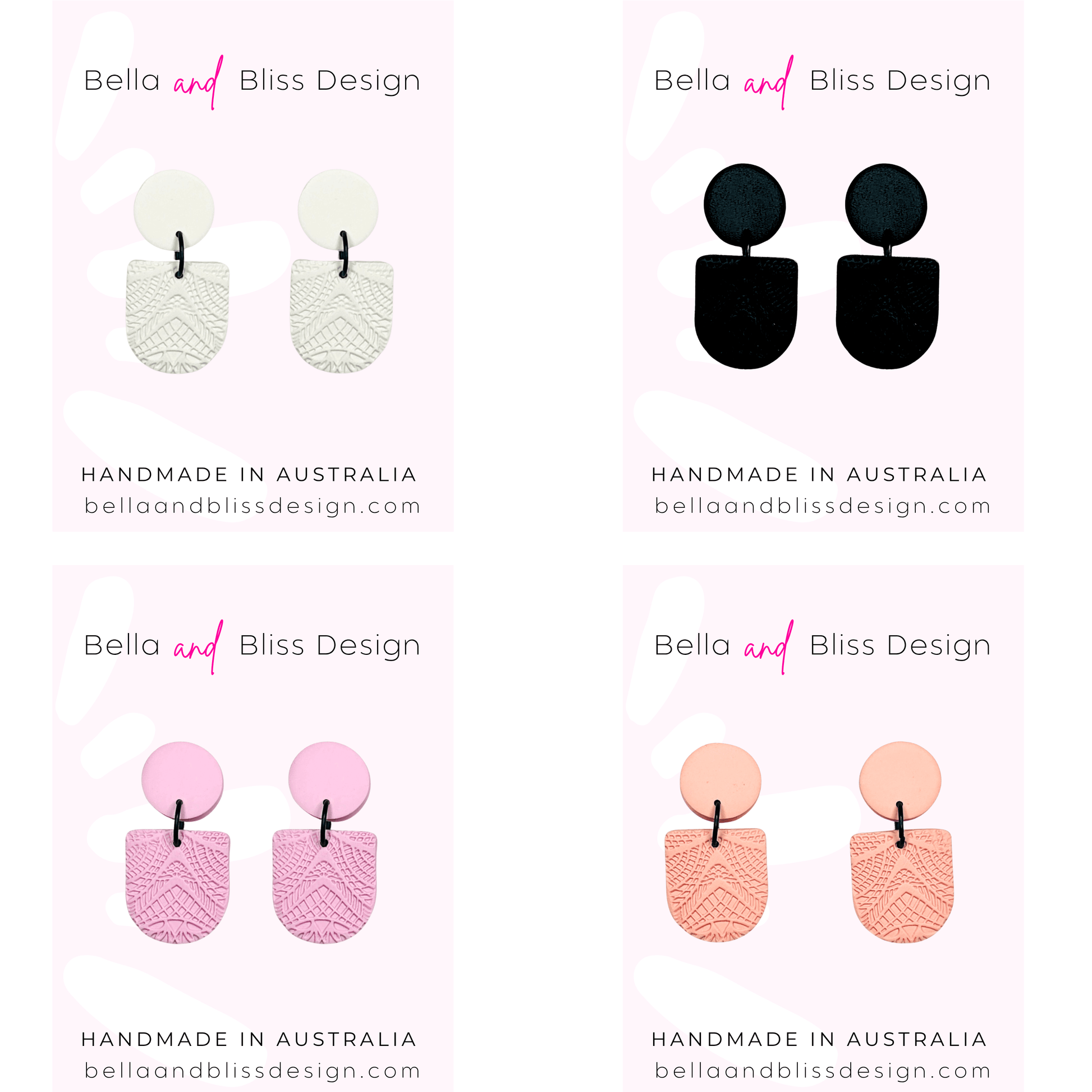 Four pairs of earrings from Bella and Bliss Design with branding and 'Handmade in Australia' text.