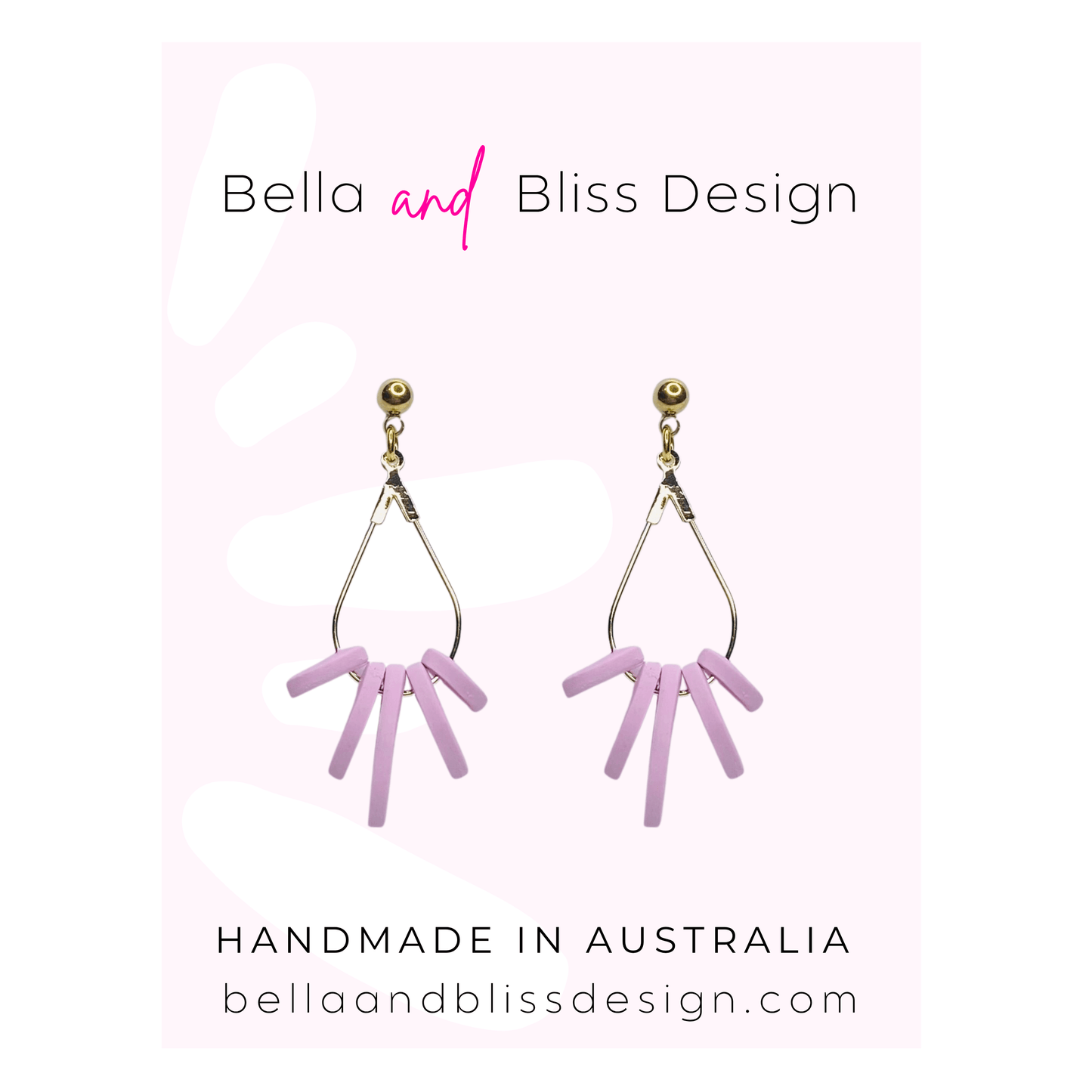 Pink earrings with gold accents on a light pink background, featuring 'Bella and Bliss Design'.