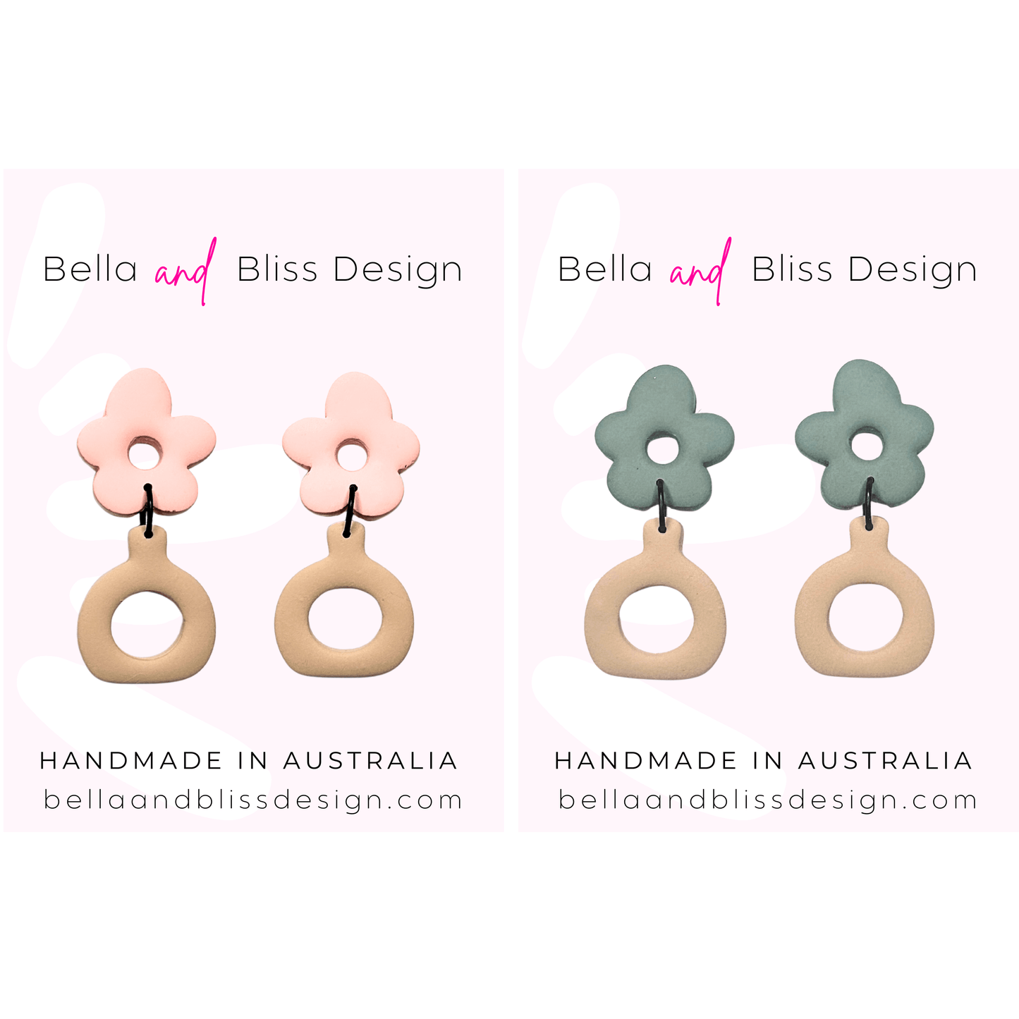 Flower-shaped earrings with beige loops on a light pink background, featuring Bella and Bliss Design branding.