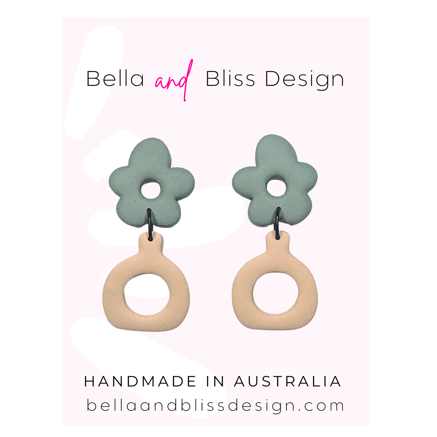 Flower-shaped earrings with beige loops on a light pink background, featuring Bella and Bliss Design branding.