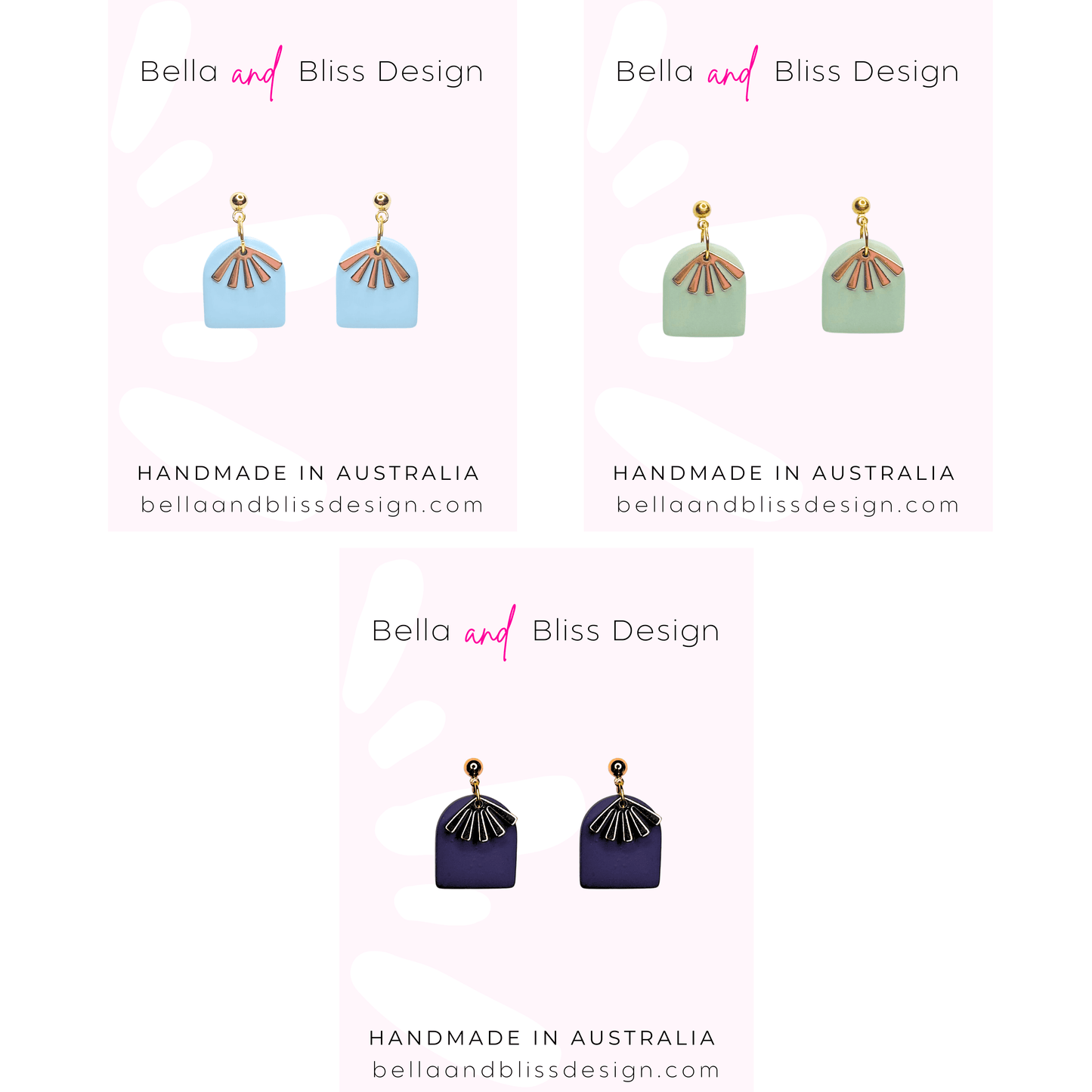 Earrings from Bella and Bliss Design on a white background with brand name and website displayed.