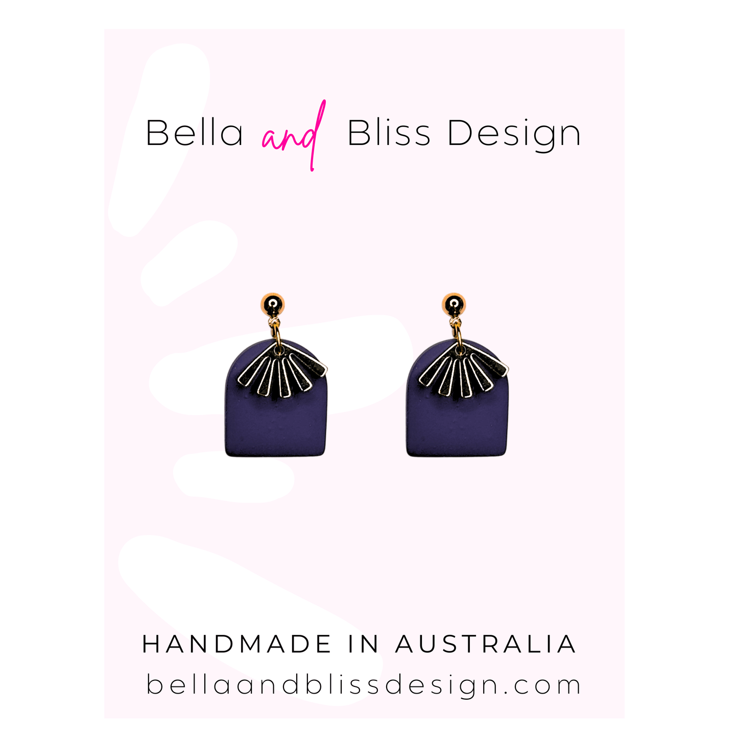 Purple earrings with gold accents on a light pink background, featuring Bella and Bliss Design branding.