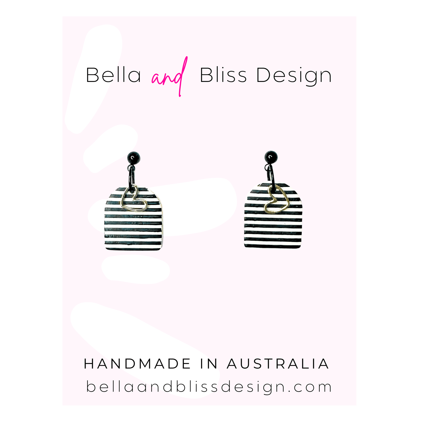 Striped earrings with 'Bella and Bliss Design' branding on a gradient background
