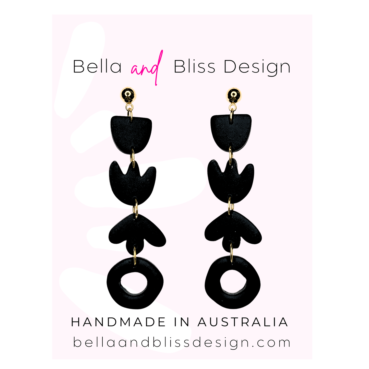 Black earrings on a pink background with 'Bella and Bliss Design' branding.