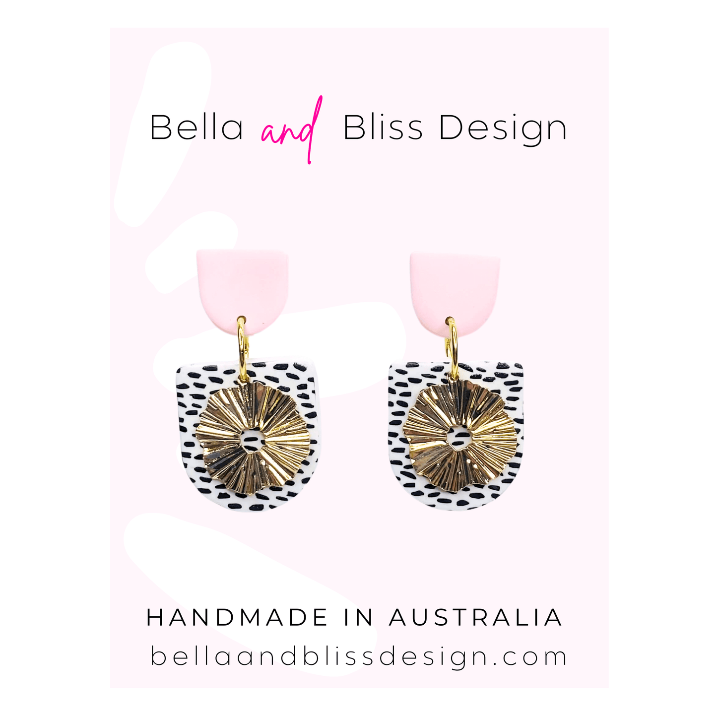 Earrings on a pink card with 'Bella and Bliss Design' branding and 'Handmade in Australia' text.