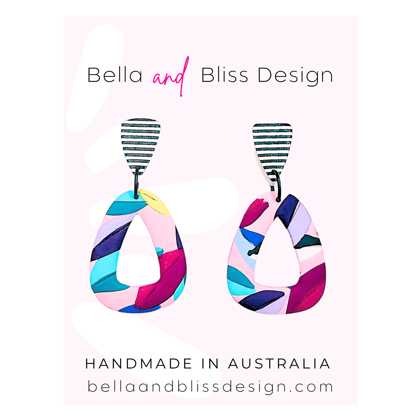Colorful earrings on a card with 'Bella and Bliss Design' branding.