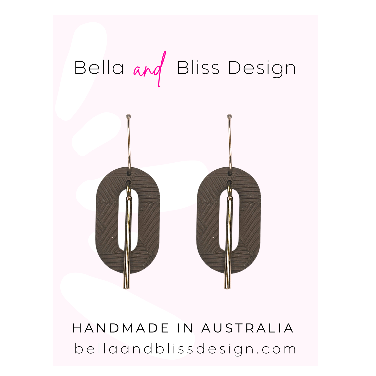 Pair of blue and pink earrings with 'Bella and Bliss Design' branding on a light pink background.