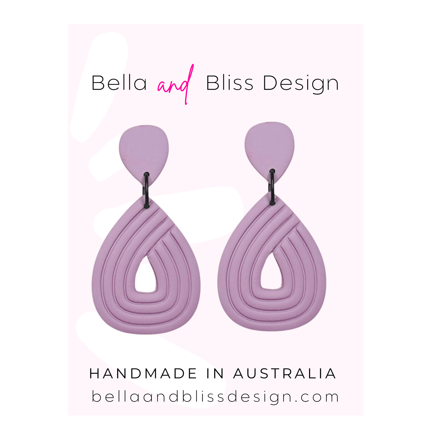 Purple earrings with 'Bella and Bliss Design' branding on a light purple background.