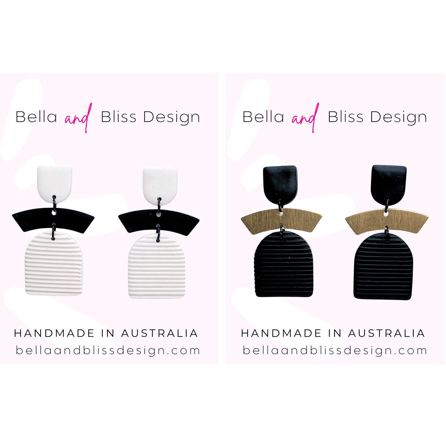 Pair of earrings with 'Bella and Bliss Design' branding on a white background