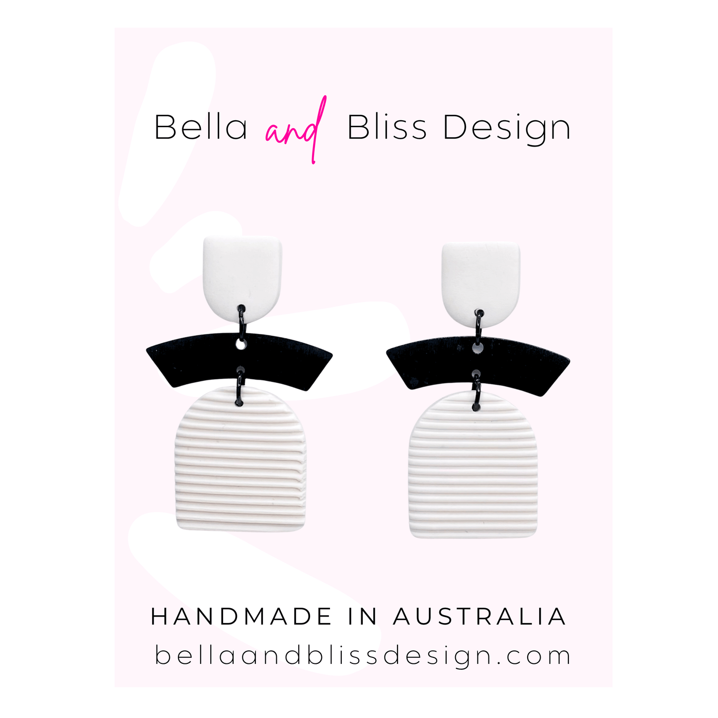 Black and white earrings with 'Bella and Bliss Design' branding on a light pink background.
