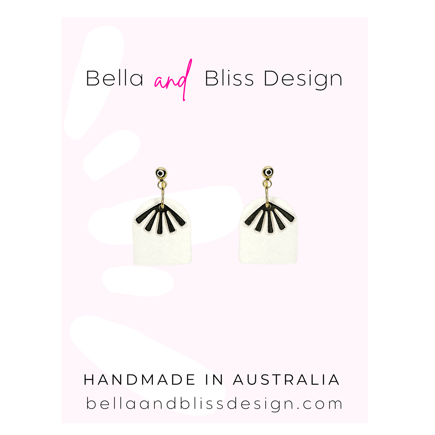 Earrings with white and gold design on a pink gradient background, featuring Bella and Bliss Design branding.