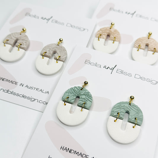 Annabella // Floral Coloured Embossed // Green and Beige // Clay Dangle Earrings