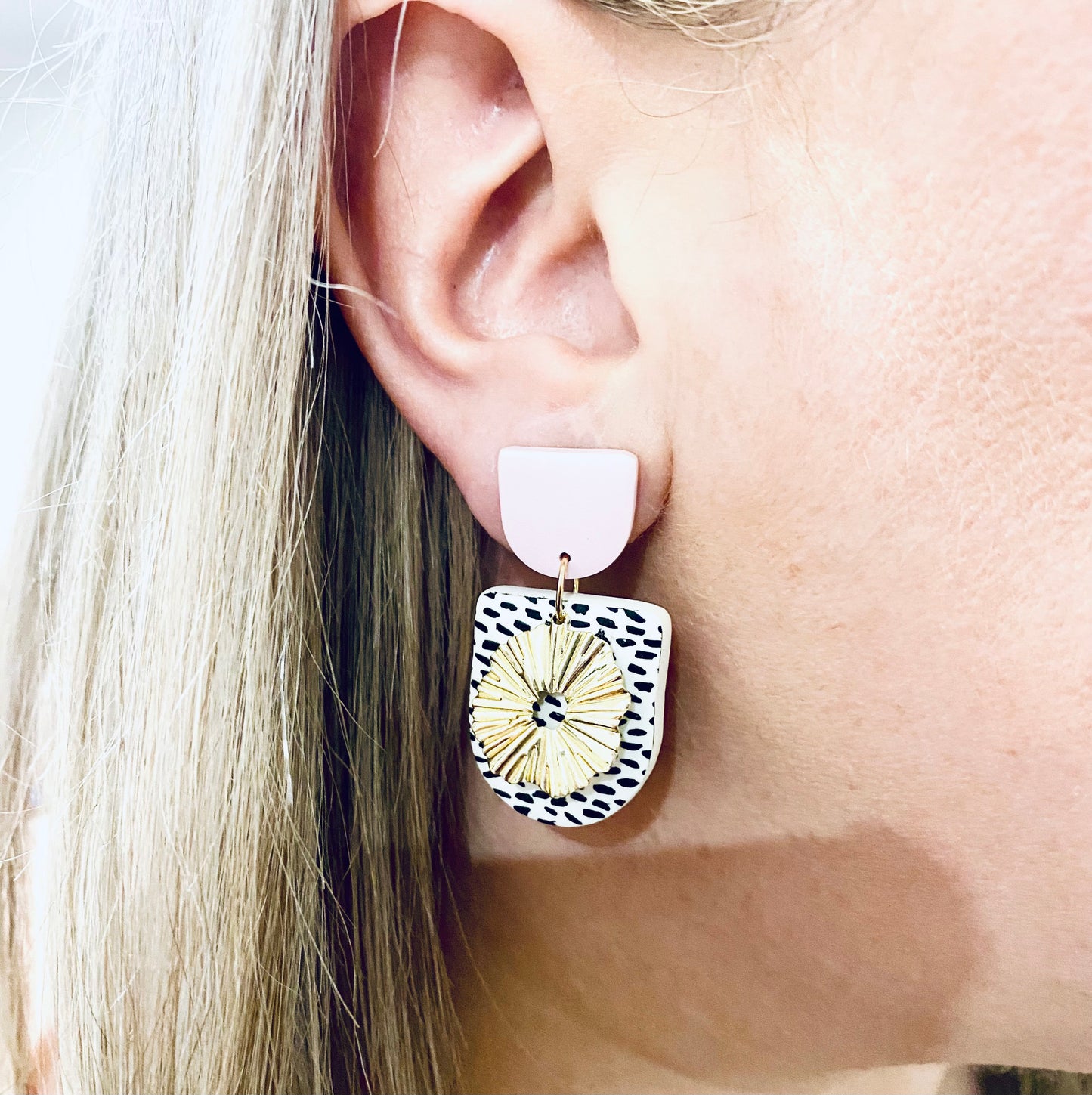 Brooklyn // White with Black Dot Dangle and Light Pink Top // Clay Dangle Earrings