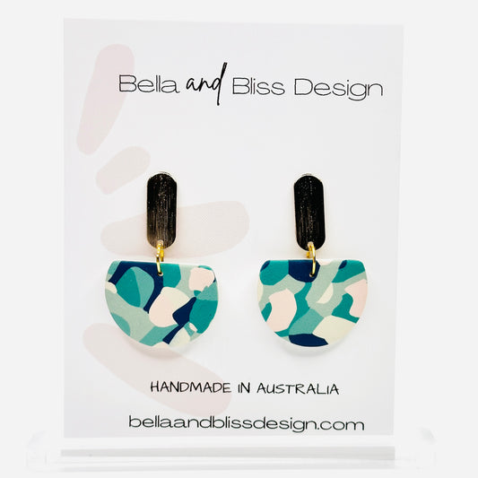 Quinn // Meadow Green // Clay Dangle Earrings // Greens, Cream, Dark Blue and Light Pink // Gold Plated Post