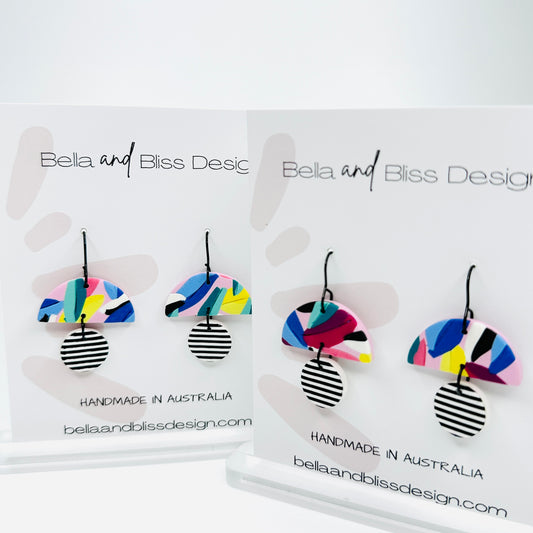 Haven // Rainbow Leaves // Clay Dangle Earrings // Yellow, Blues, Green, White, Black, Fuchsia  and Stripes