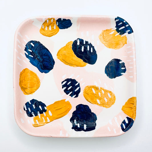 Ethereal Dreams // Light Pink, Dark Blue, Gold and White Dashes // Hand-Painted Jewellery Dish