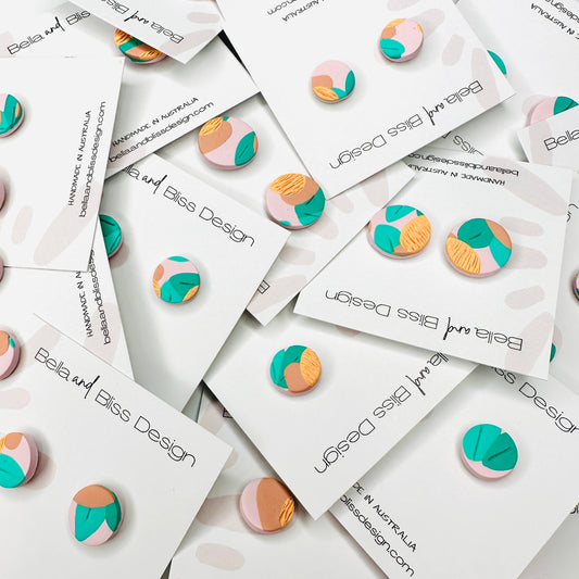 Tropical Bliss // Clay Stud Earrings // Pink, Green, Peach and Golden Yellow