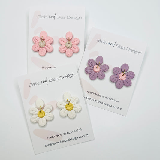 Daisy Chain // Clay Dangle Earrings //  Pink, White and Purple