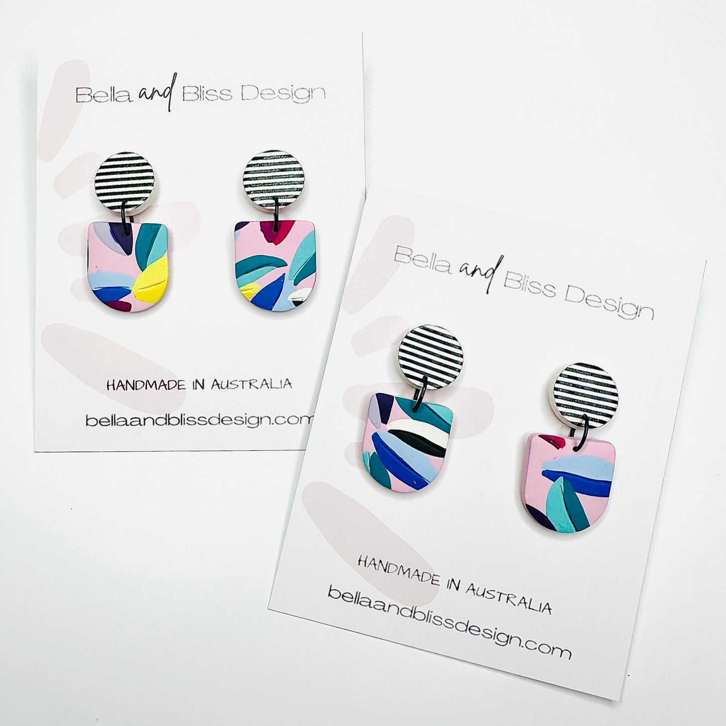 Frankie // Rainbow Leaves // Clay Dangle Earrings // Yellow, Blues, Green, White, Black, Fuchsia and Stripes