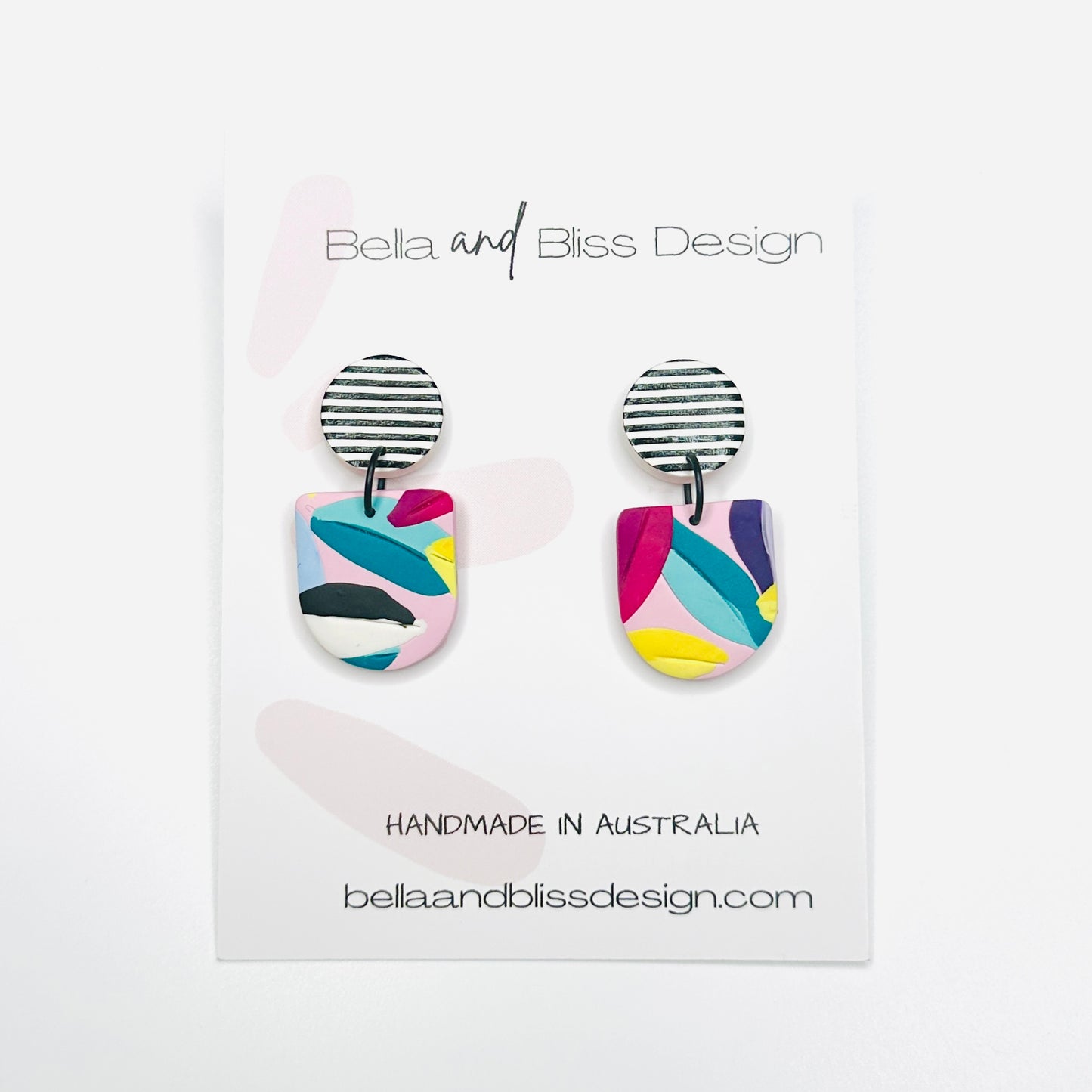 Frankie // Rainbow Leaves // Clay Dangle Earrings // Yellow, Blues, Green, White, Black, Fuchsia and Stripes