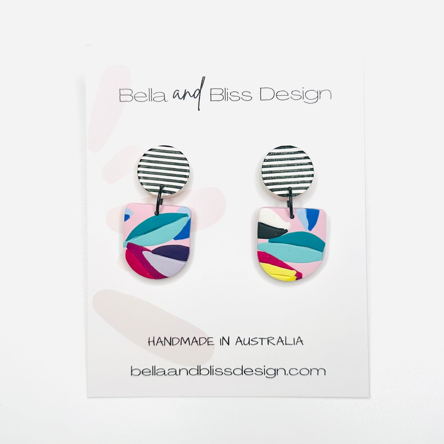 Frankie // Rainbow Leaves // Clay Dangle Earrings // Yellow, Blues, Green, White, Black, Fuchsia and Stripes