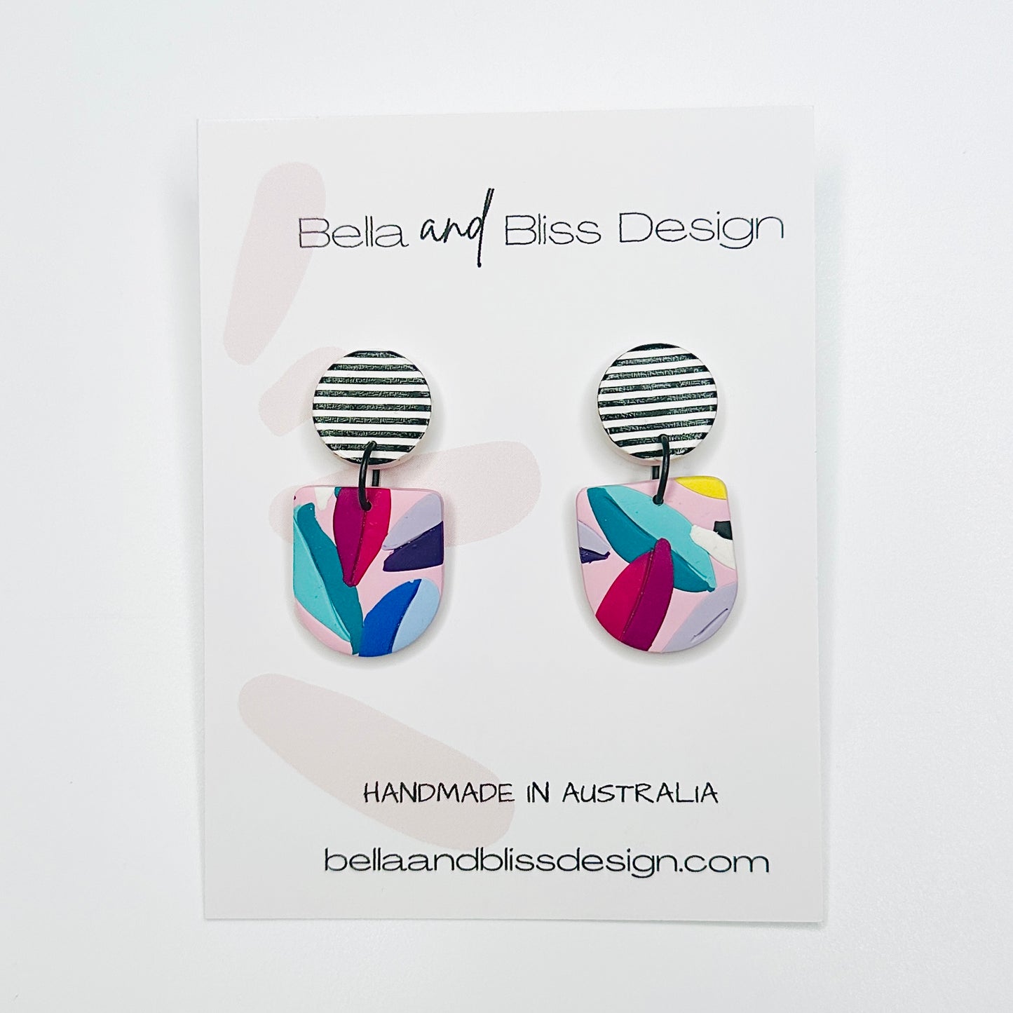 Frankie // Rainbow Leaves // Clay Dangle Earrings // Yellow, Blues, Green, White, Black, Fuchsia and Stripes