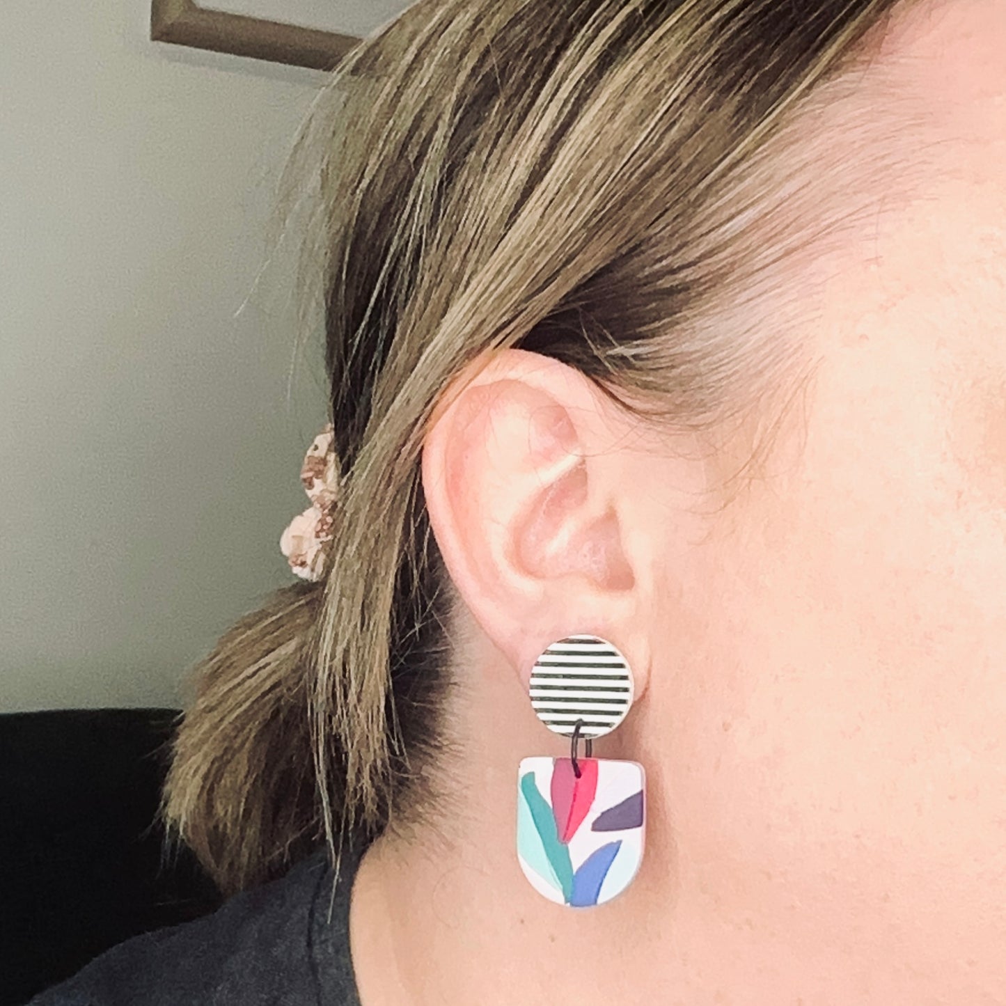 Frankie // Rainbow Leaves // Clay Dangle Earrings // Yellow, Blues, Green, White, Black, Fuchsia and Stripes