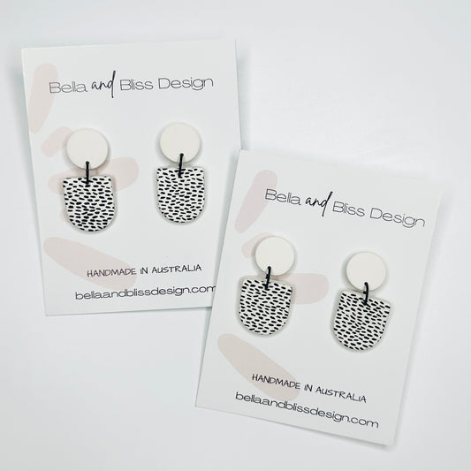 Frankie // Monochrome Dots // Clay Dangle Earrings // White with Black dots and White top