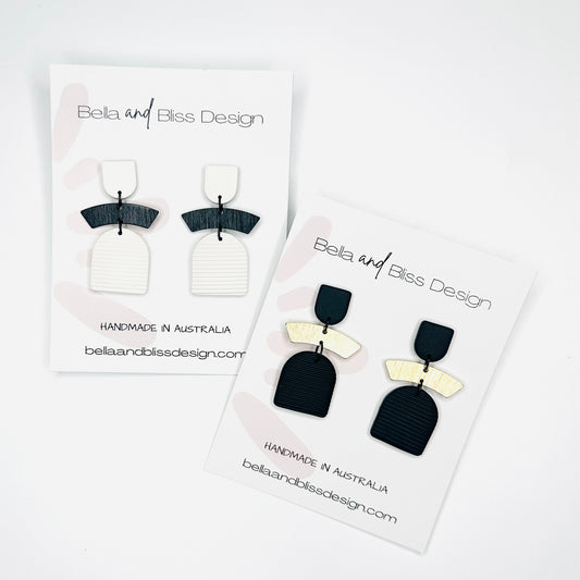 Betty // Clay Dangle Earrings // Embossed Black with Gold and White with Black