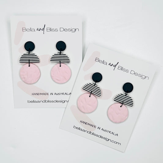 Harlow // Clay Dangle Earrings // Black, Stripes and Pink