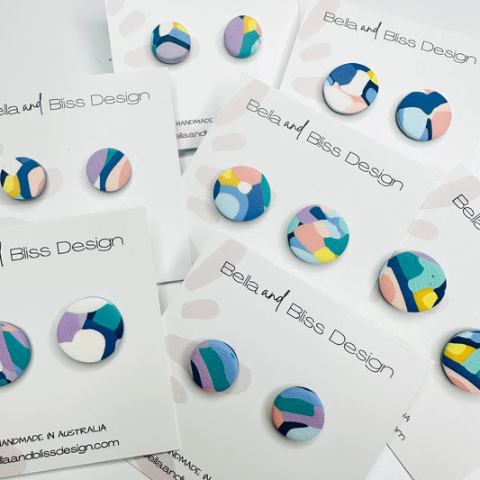 Vivid Dream // Clay Stud Earrings // Blues, Jade Green, Purple, Yellow, Coral and White