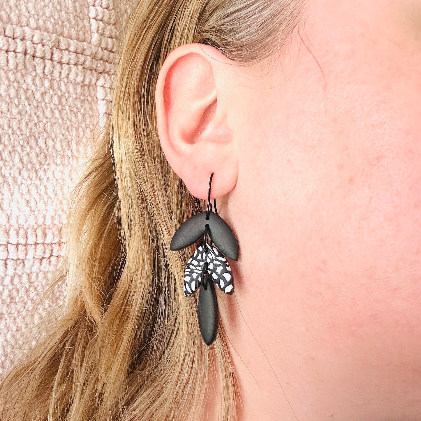 Breeze Leaves // Clay Dangle Earrings // Black and Ivory