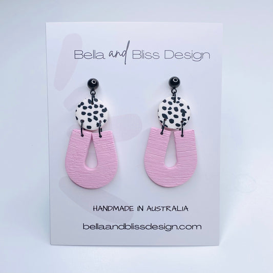 Nevaeh // Clay Dangle Earrings // Pink, White with Black Spots