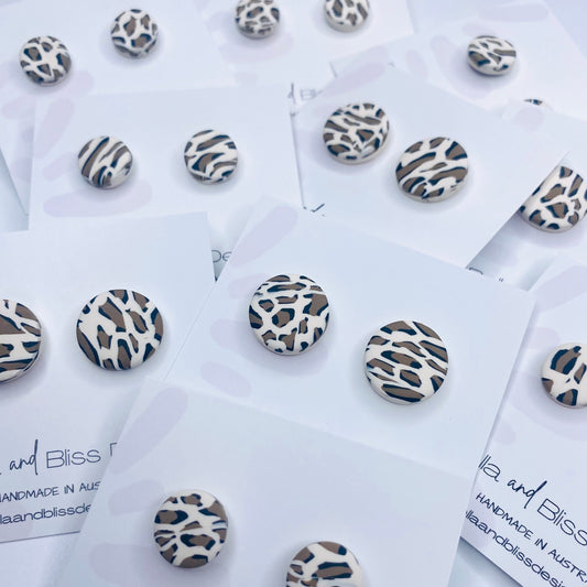 Leopard Snow // Clay Stud Earrings // White Leopard Print