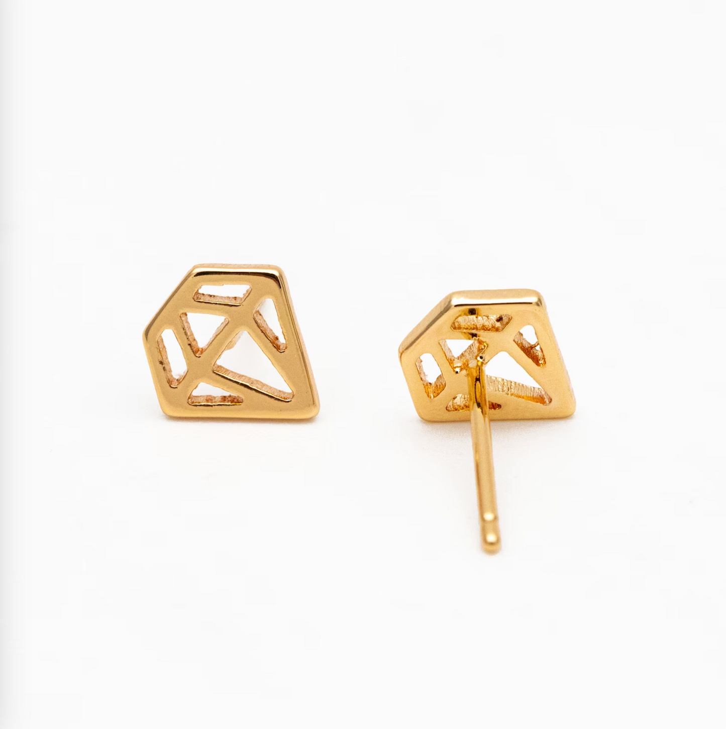 A pair of 18K gold plated mini stud earrings displayed on a branded card with 'Bella and Bliss Design' written on it.