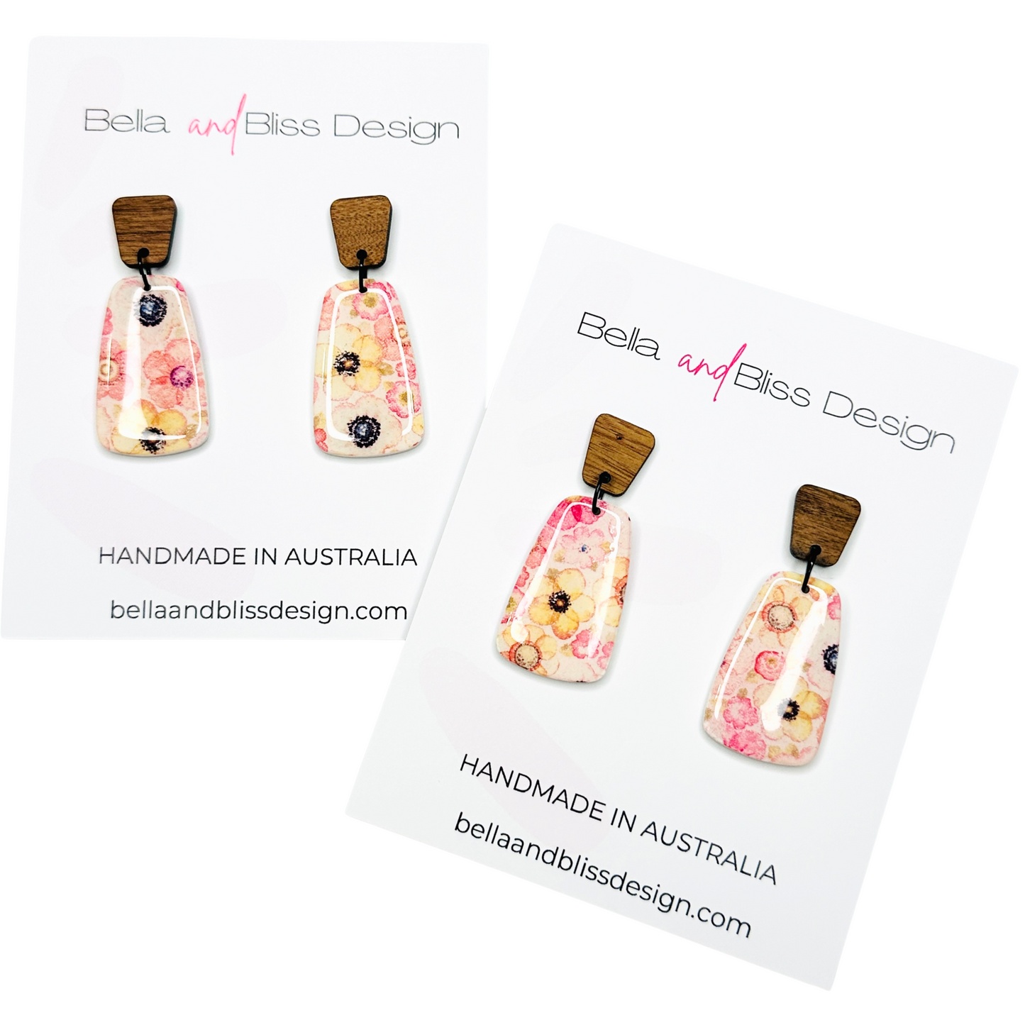 Pair of floral earrings with wooden accents on a white background, featuring 'Bella and Bliss Design'.