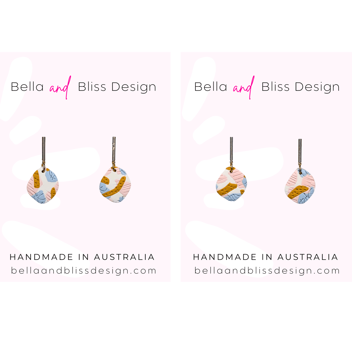 Decorative earrings with geometric patterns on a white background, branded as Bella and Bliss Design.