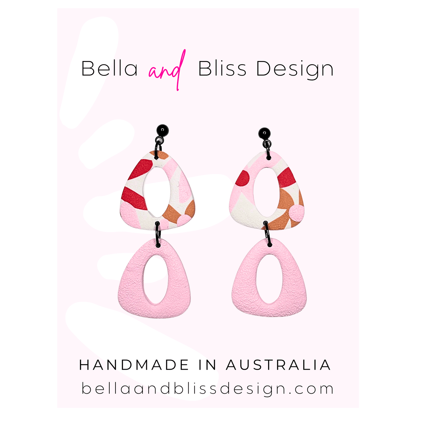 Pair of earrings with a colourful design on a pink background, featuring the brand 'Bella and Bliss Design'.