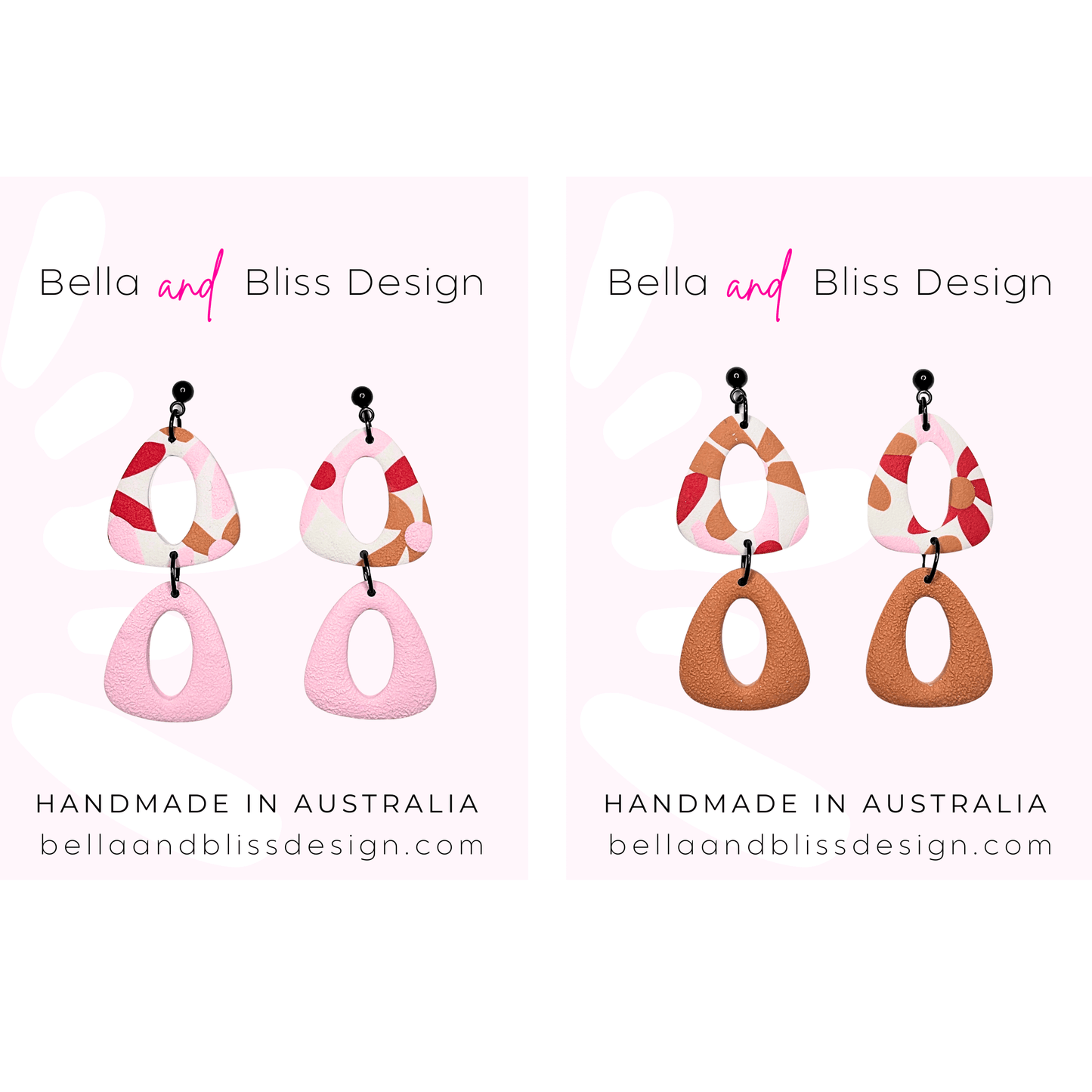 Pair of colorful earrings with 'Bella and Bliss Design' branding on a white background.