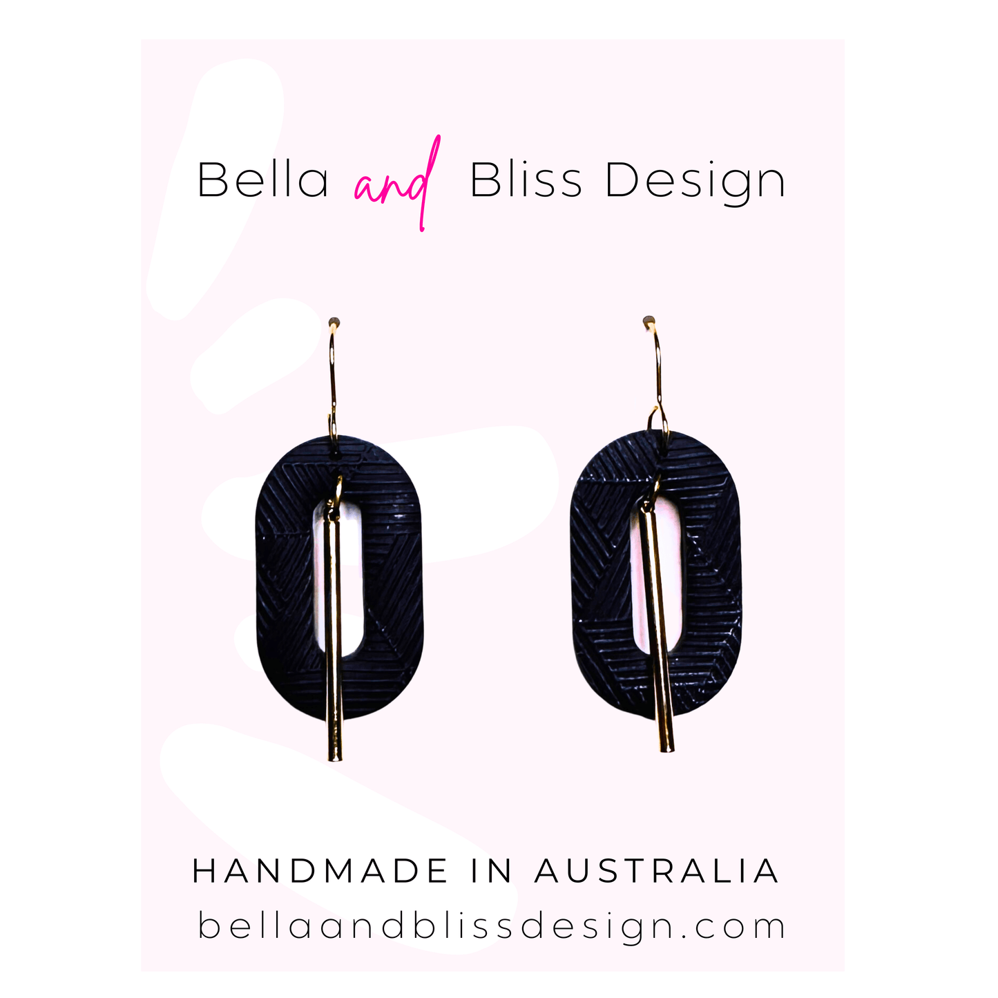 Deep Purple earrings with gold bars on a pink gradient background with Bella and Bliss Design branding.